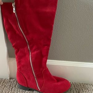 Red mid-calf suede boots